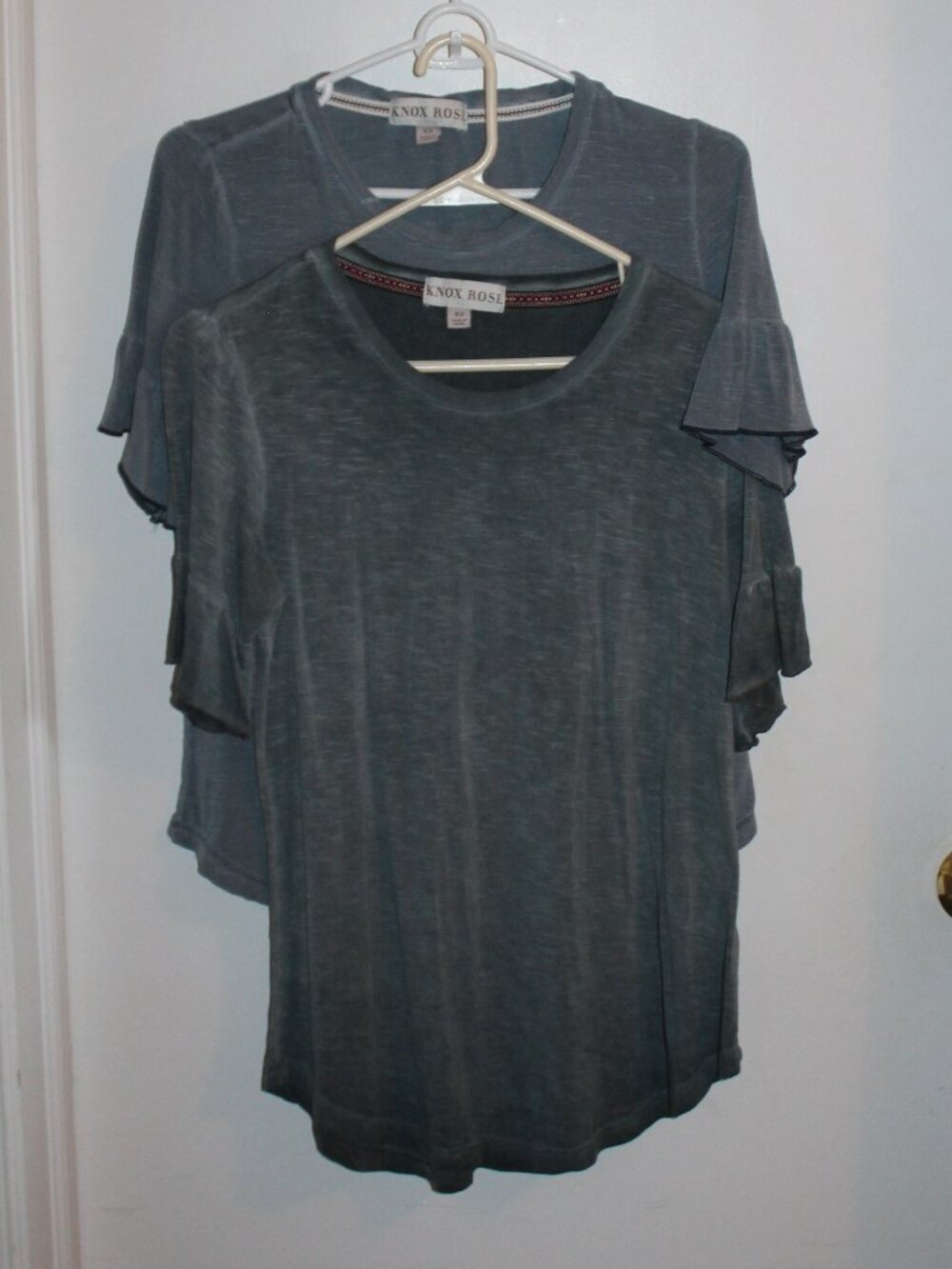Gray & Blue Knox Rose t-shirt, layered ruffle sleeves, Set of 2